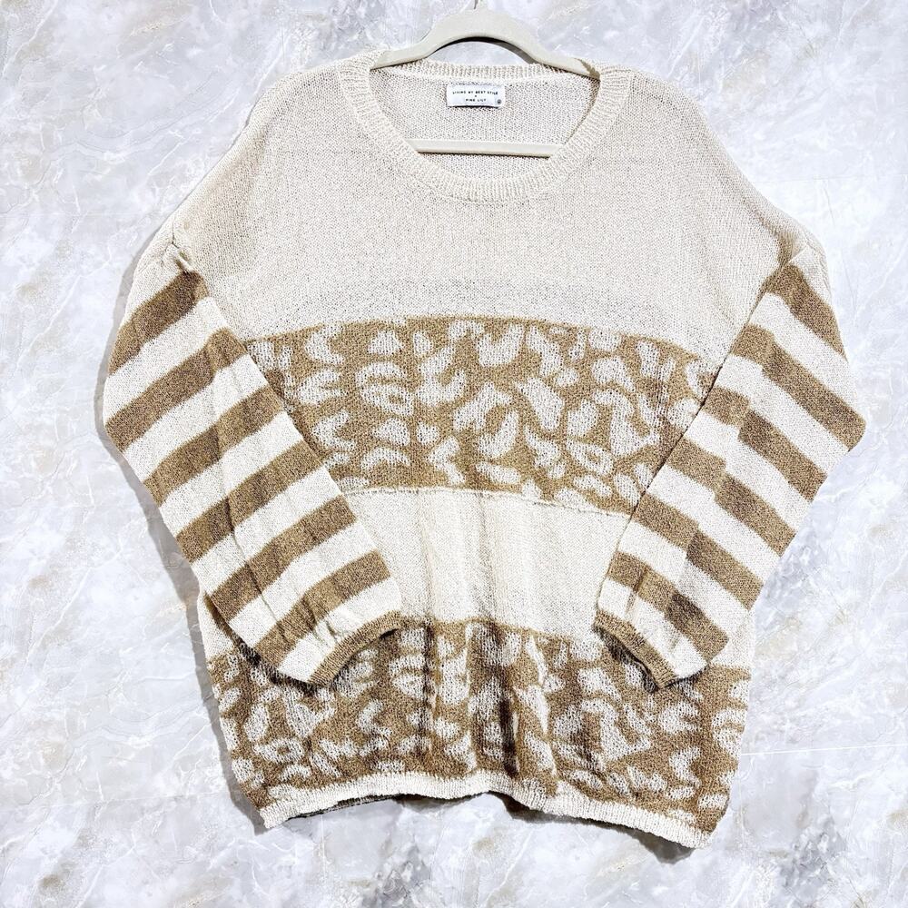 Boho Animal Print Striped Women Sweater Sz M Loose Fit Cozy Open Knit Beige Tan
